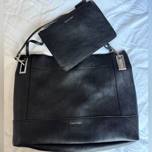 Calvin Klein Black Leather Tote and Pouch Set